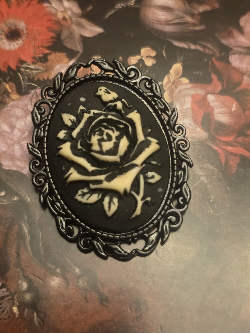 Goth Black & White Rose Brooch In Black Metal Frame